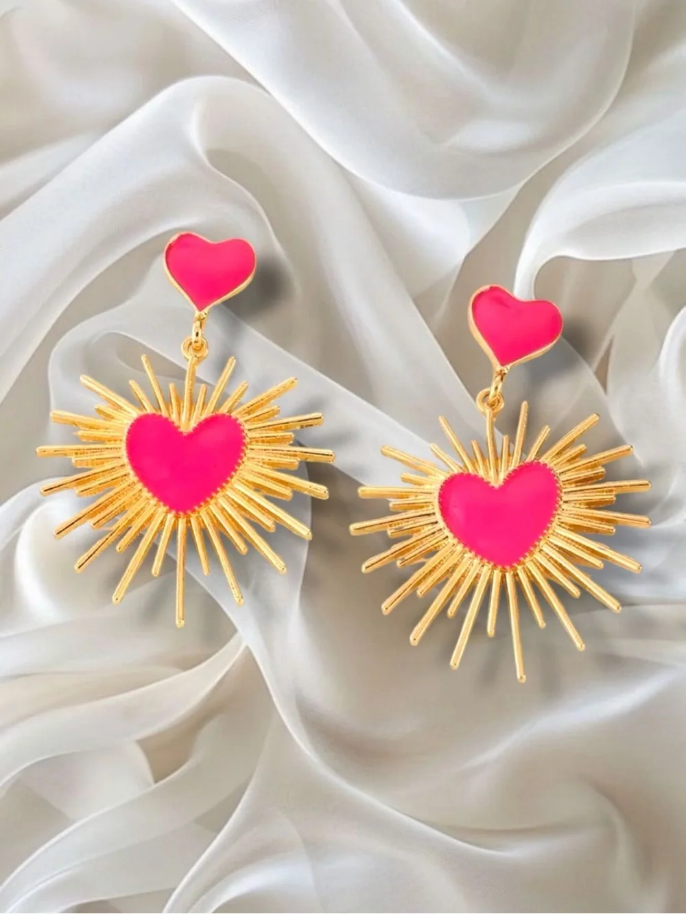 Pink Heart Statement Retro Gold Sunburst Dangle Valentine’s Day Jewelry